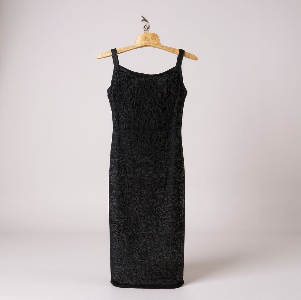Vintage Y2K RAMPAGE Maxi Dress Juniors 7 Velvet Flocked Dark Forrest Fairy Black